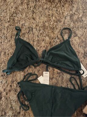 aerie Dark Green Ribbed Triangle Bikini Set